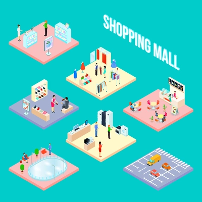Isometric shopping mall set object with some samples of shop interior elements vector illustration
