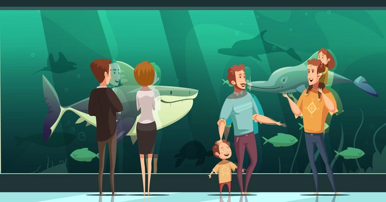 People in aquarium design composition with adults and children looking at floating fishes flat vector illustration