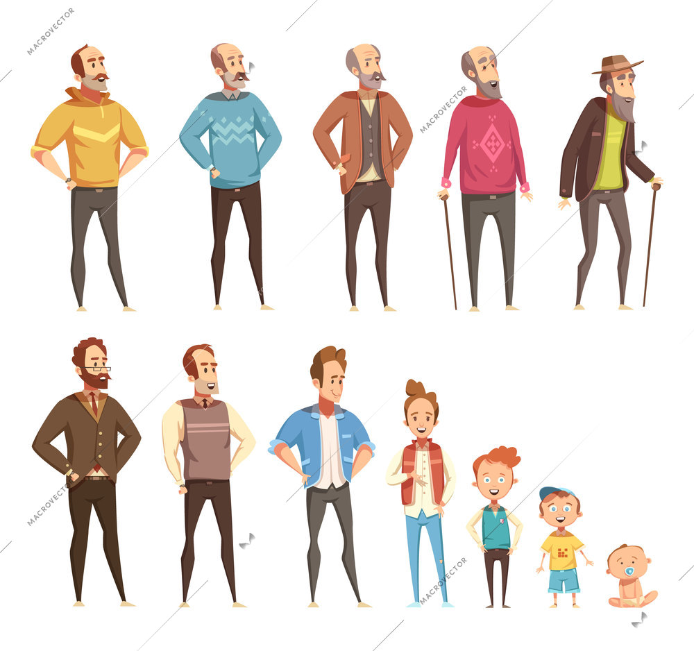 Men generation flat colored icons set of different ages from baby to elderly isolated cartoon vector illustration