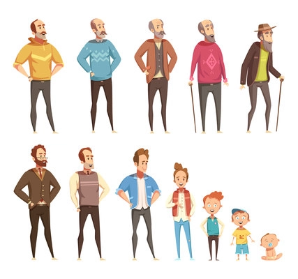 Men generation flat colored icons set of different ages from baby to elderly isolated cartoon vector illustration