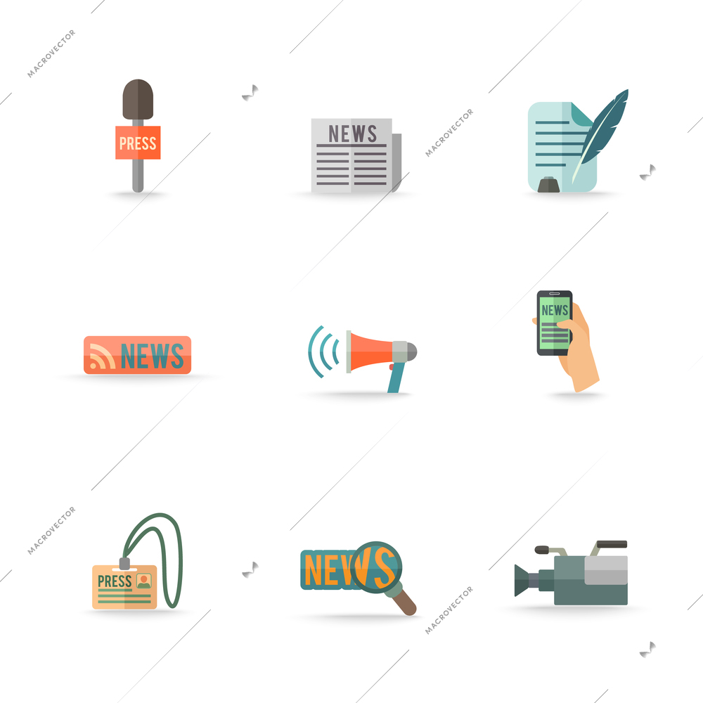 Social media mobile  press center reporter symbols emblems design pictograms collection isolated icons set flat vector illustration. Editable EPS and Render in JPG format