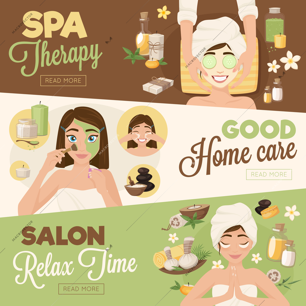 Set of three woman morning routine banners with facial images girl characters and read more button vector illustration