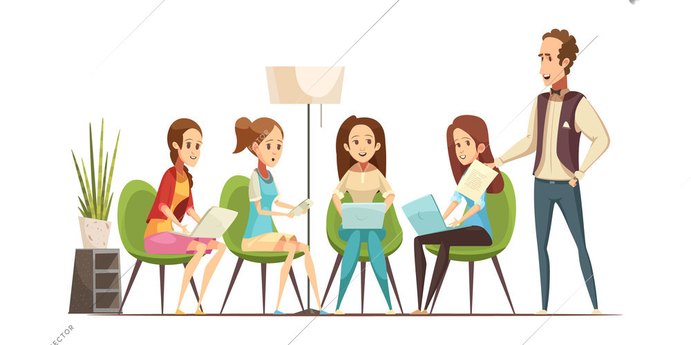 Teenage girls group with electronic gadgets attending workshop class at youth center retro cartoon vector illustration