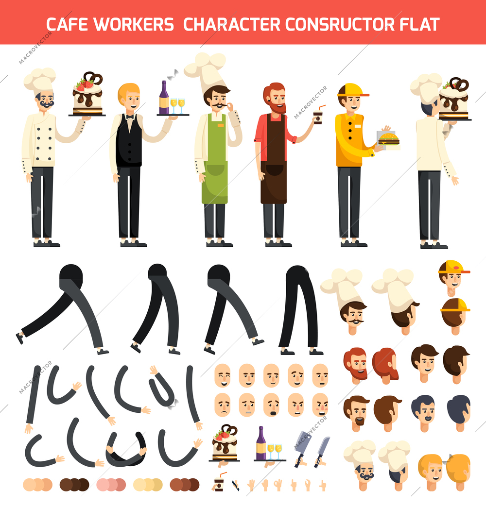 Colored and isolated cafe worker character constructor flat icon set with chef and waiter characters vector illustration