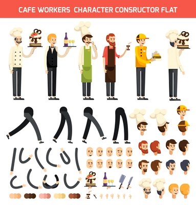 Colored and isolated cafe worker character constructor flat icon set with chef and waiter characters vector illustration