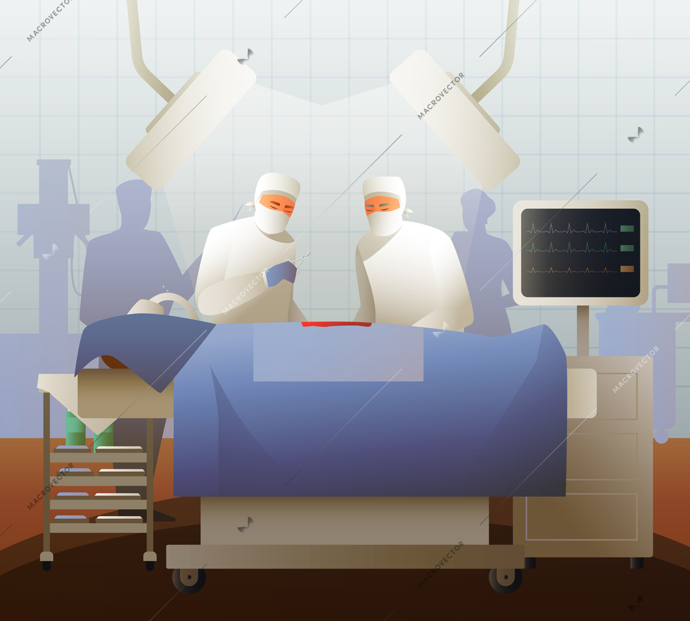 Flat composition with surgeons during operation under lamps near couch with patient and professional equipment vector illustration