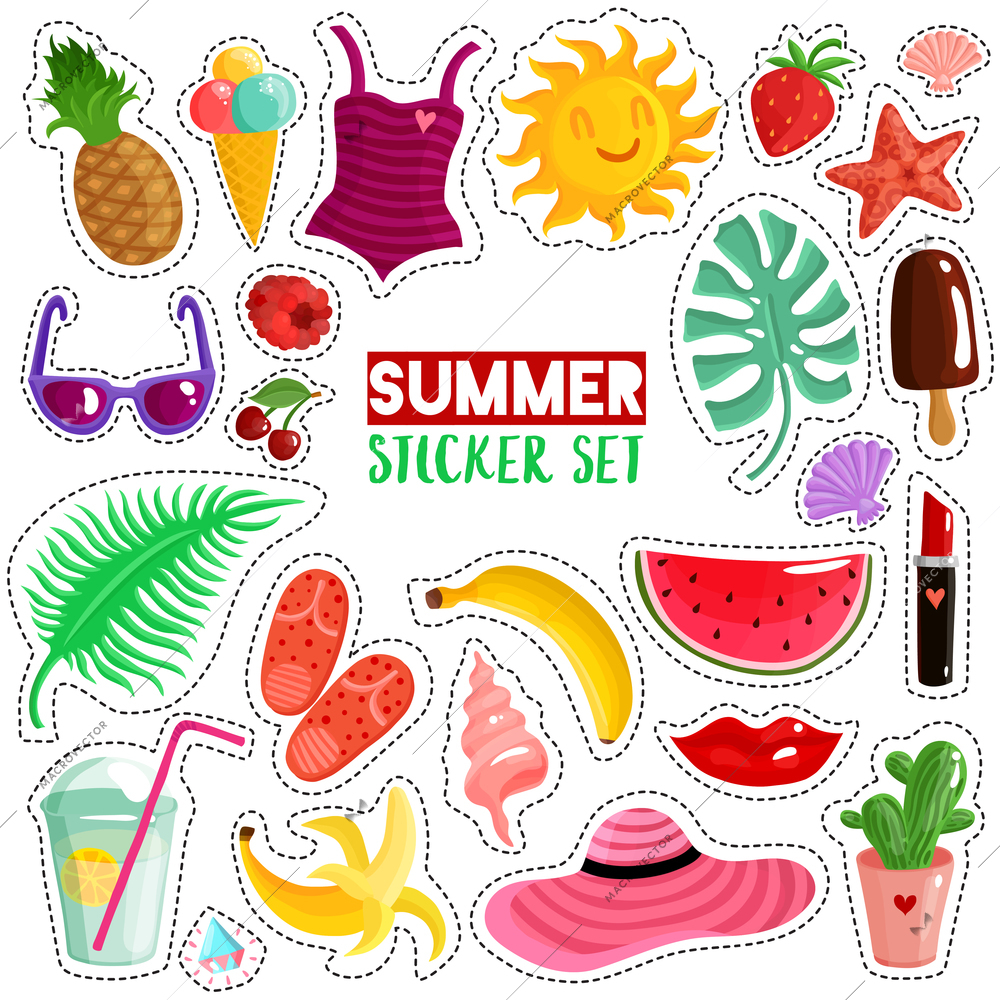 Set of trendy summer stickers with hat, swimsuit, slippers, fruits, cocktail and ice cream isolated vector illustration