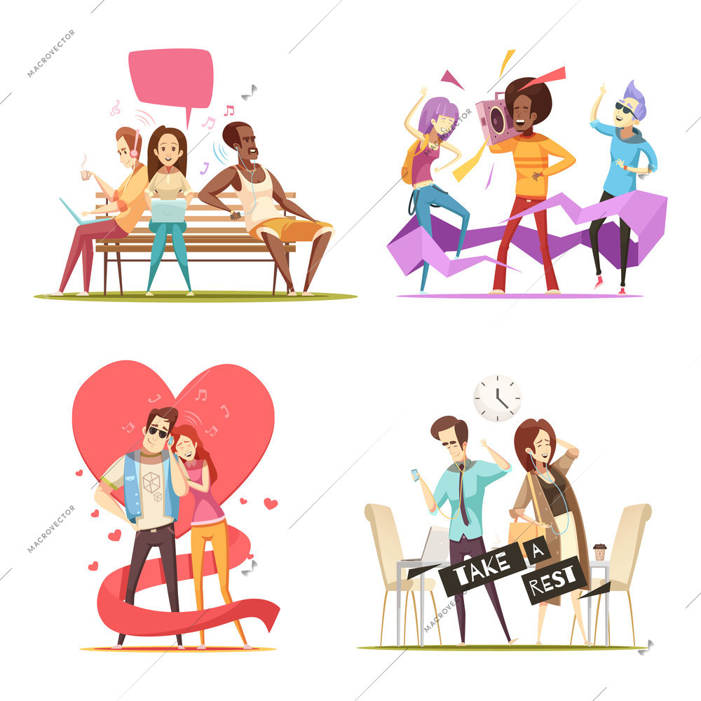 People listening music compositions including couple, business persons during rest, admirers on bench, teenagers, isolated vector illustration