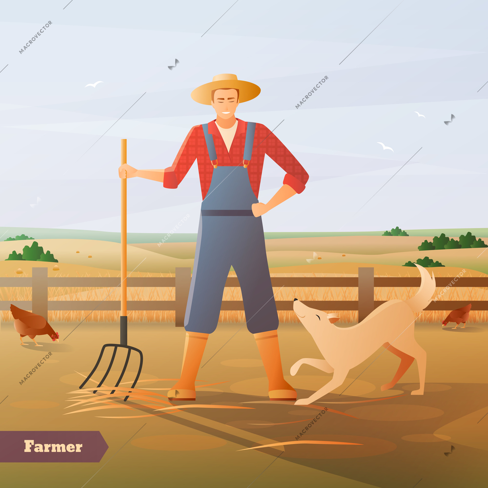 Farmer in overalls and hat with pitchfork and dog at paddock for chicken flat composition vector illustration