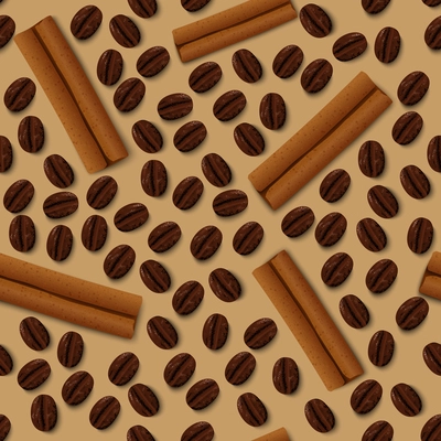 Brown coffee beans dark roasted grain and cinnamon sticks seamless pattern vector illustration