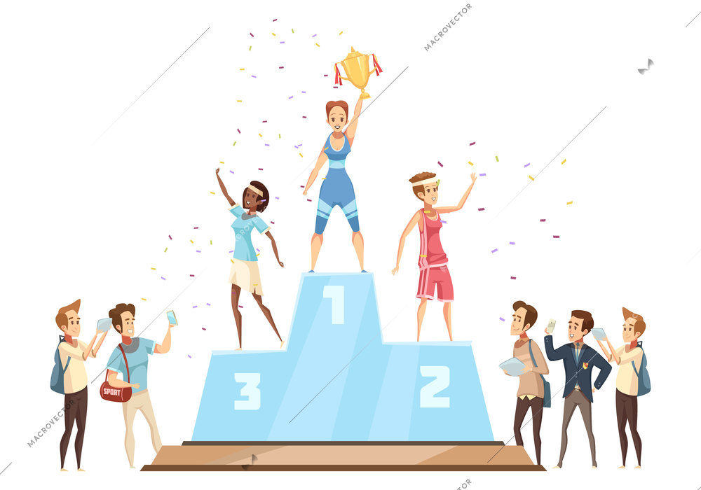 Winners woman retro cartoon composition of flat news reporters and sportswoman characters standing on medal stand vector illustration