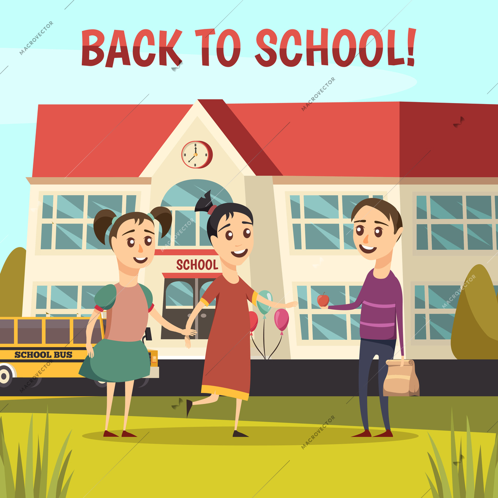 Colored school orthogonal composition with two girls and boy going to school vector illustration