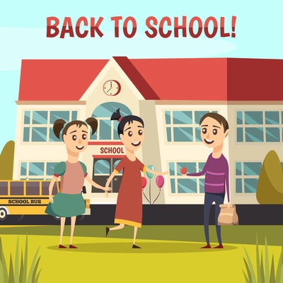 Colored school orthogonal composition with two girls and boy going to school vector illustration