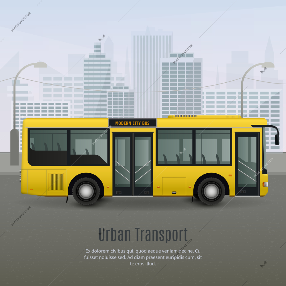 Realistic modern yellow city bus with light glass tinting on grey background with urban landscape vector illustration