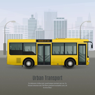 Realistic modern yellow city bus with light glass tinting on grey background with urban landscape vector illustration