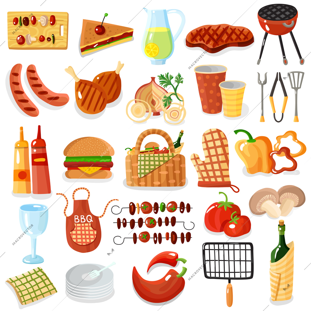 Barbecue picnic accessories stylish colorful big icons set with apron grilled meat vegetables drinks isolated vector illustration