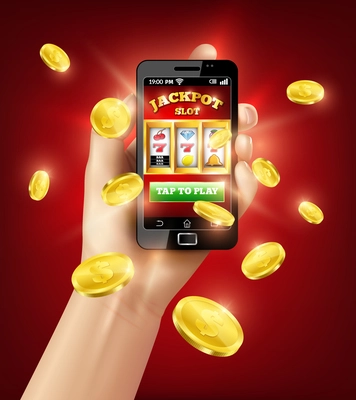 Hand holding black smartphone with slot machine mobile app at screen on red background 3d vector illustration