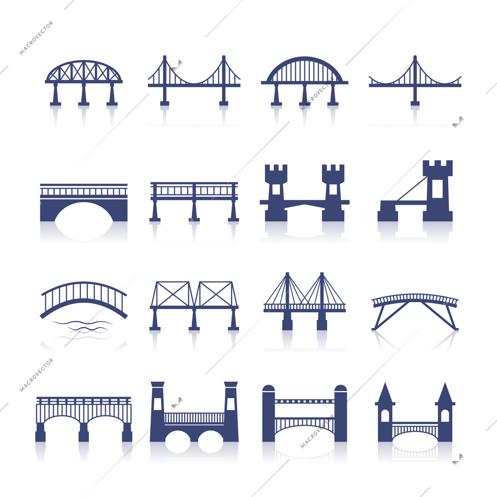 Bridge architecture city landmark silhouette icon set isolated vector illustration