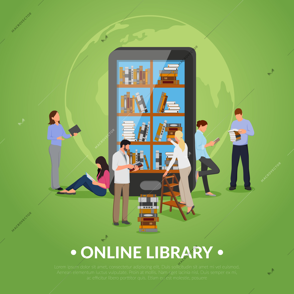 Online library with man woman smartphone and books flat vector illustration