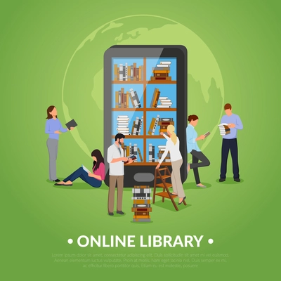 Online library with man woman smartphone and books flat vector illustration