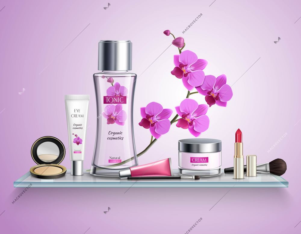 Makeup colored and realistic composition with set of luxury cosmetics on glass shelf vector illustration