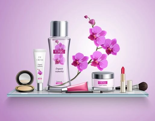 Makeup colored and realistic composition with set of luxury cosmetics on glass shelf vector illustration