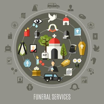Funeral services concept set with photo church cemetery car and tomb flat vector illustration