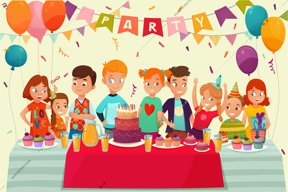 Cartoon kids party poster with big table sweets and gifts on birthday celebration vector illustration