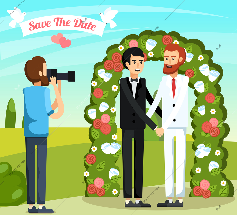 Flat colored wedding people orthogonal composition with two men in love are married vector illustration