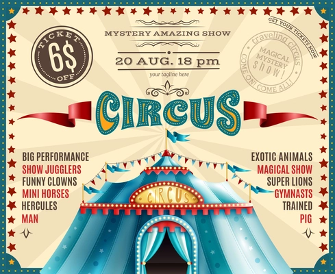 Travel circus carnival performances discount ticket voucher retro poster with blue canopy tent and show highlights vector illustration