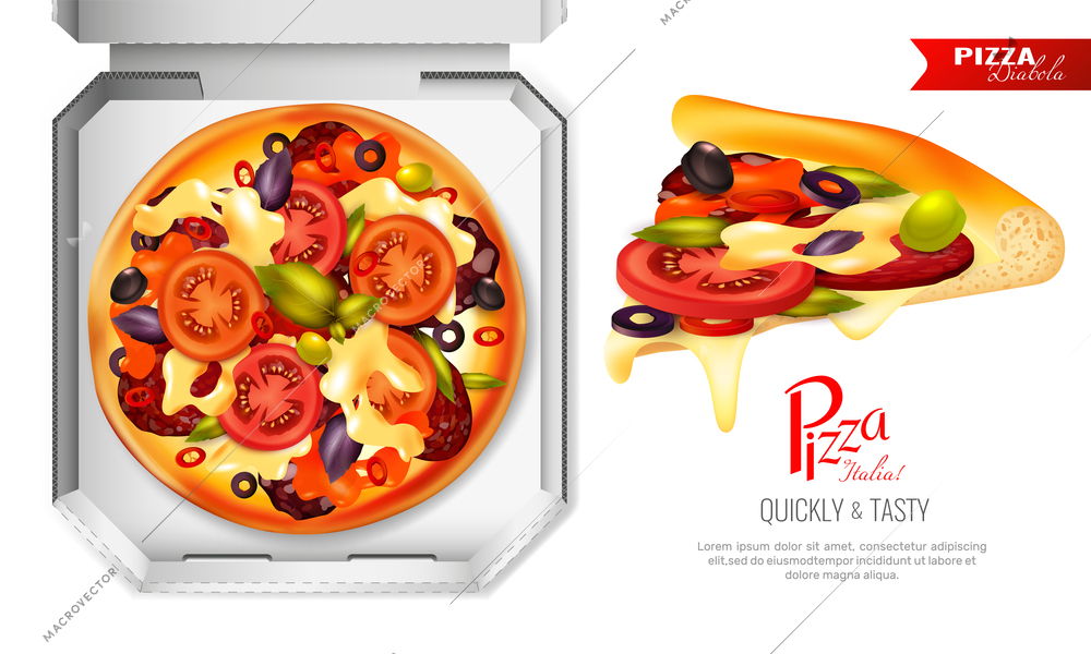 Detailed realistic pizza brand concept with cumbersome pizza slice image and carton box set for takeaway vector illustration