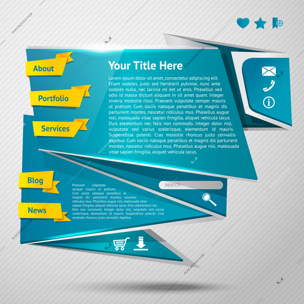 Blue origami paper website page design template with ribbon navigation buttons vector illustration