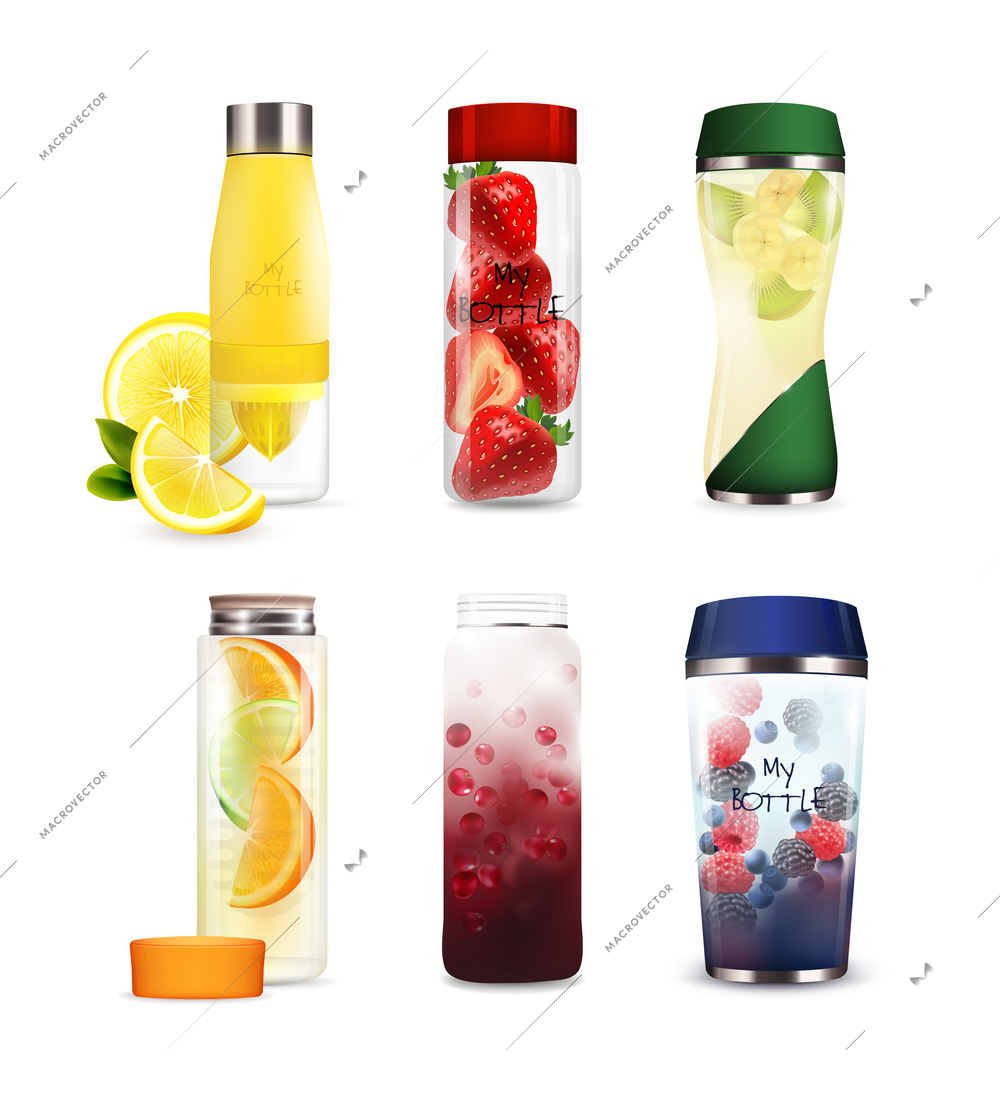 Set of bottles of various shape with detox fruit beverages from citrus, kiwi, berries isolated vector illustration