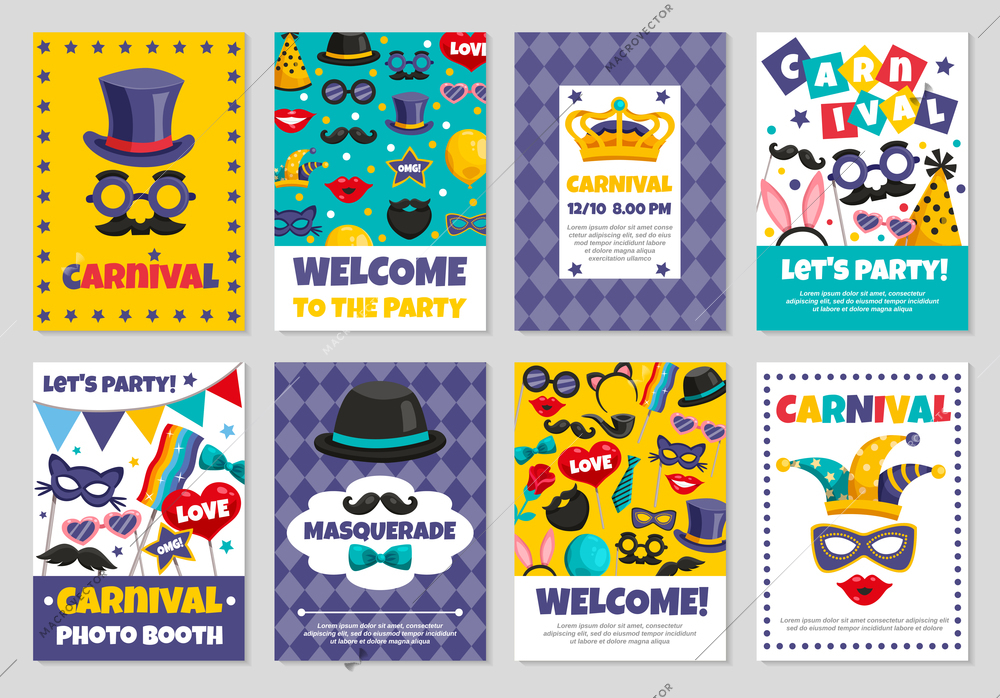 Flat set of carnival photo booth party invitation banners with various accessories for masquerade isolated vector illustration