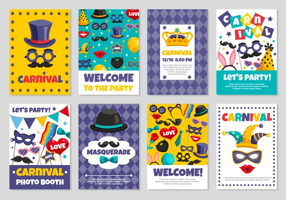 Flat set of carnival photo booth party invitation banners with various accessories for masquerade isolated vector illustration