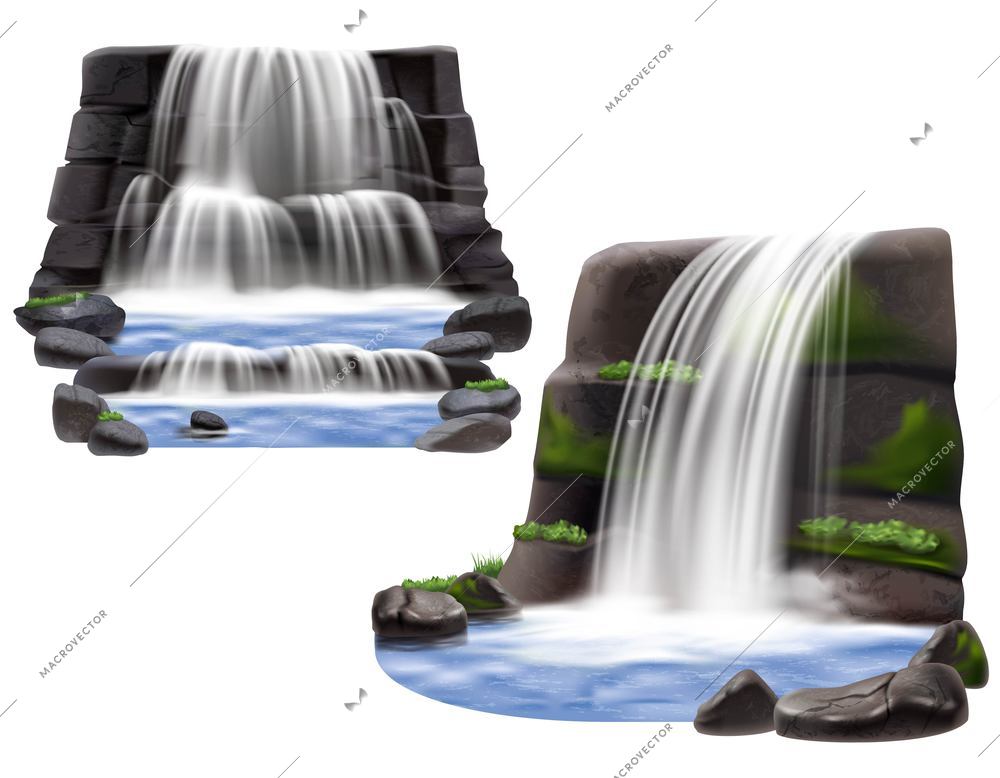 Set of two natural landscape scene for park garden and computer game design with waterfalls rocks and stones realistic isolated vector illustration