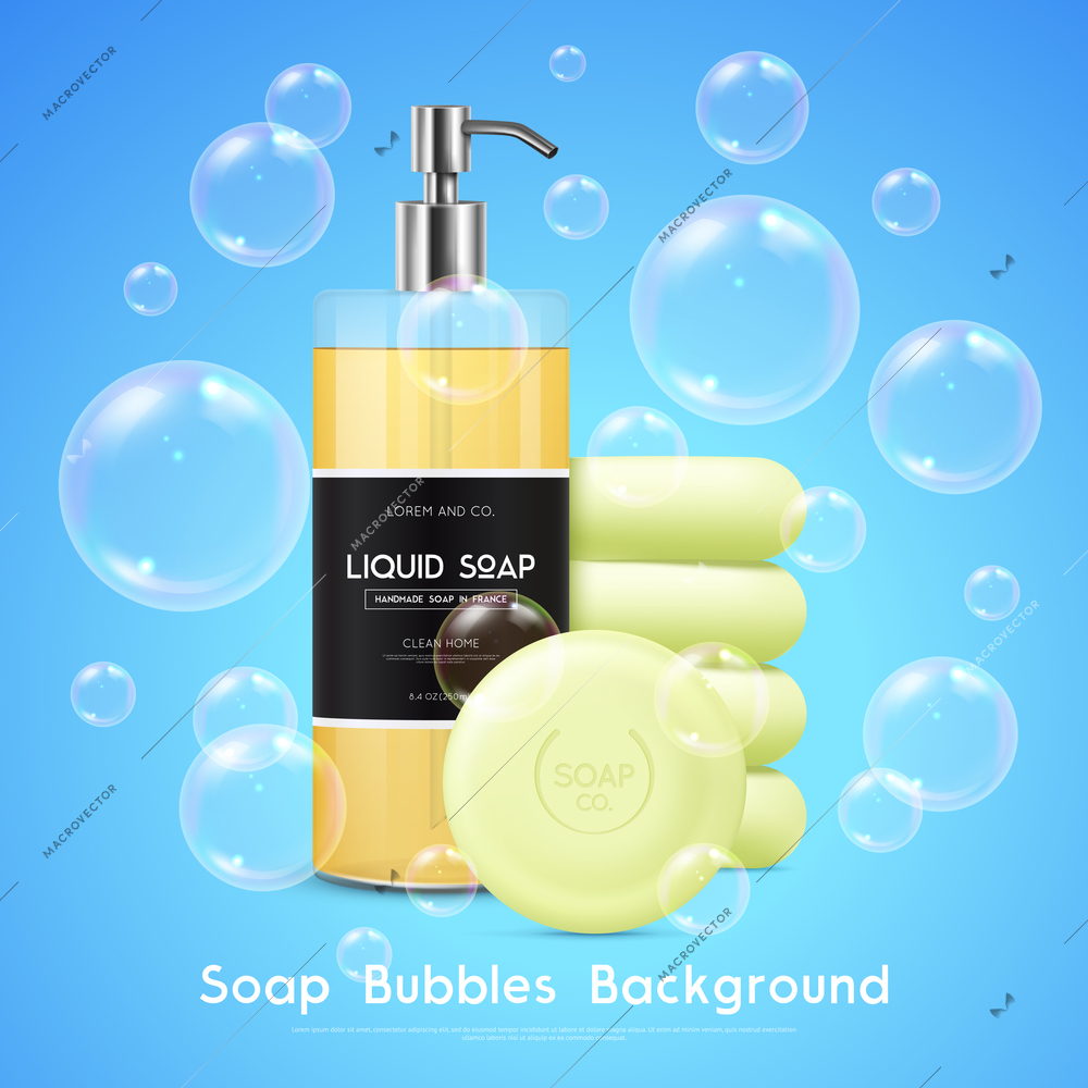 Soap liquid dispenser and round bars realistic advertisement poster with bubbles on blue background vector illustration