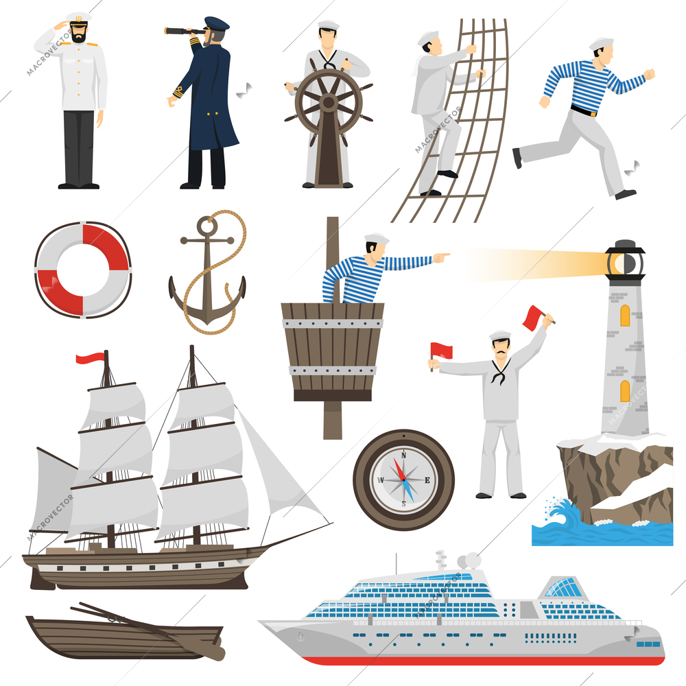 Old-fashioned sailing ship and modern cruise liner flat  icons set with anchor helm compass vector illustration