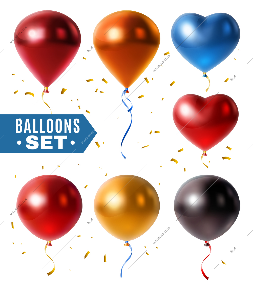 Set of glossy colorful balloons in shape of sphere, droplet, heart and golden confetti isolated vector illustration