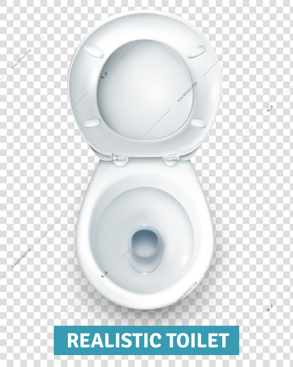 Realistic white ceramic toilet bowl top view with raised seat on transparent background isolated vector illustration