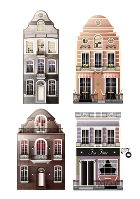 Variations of old european facade houses with arched and traditional windows, porch, balconies, cafe isolated vector illustration