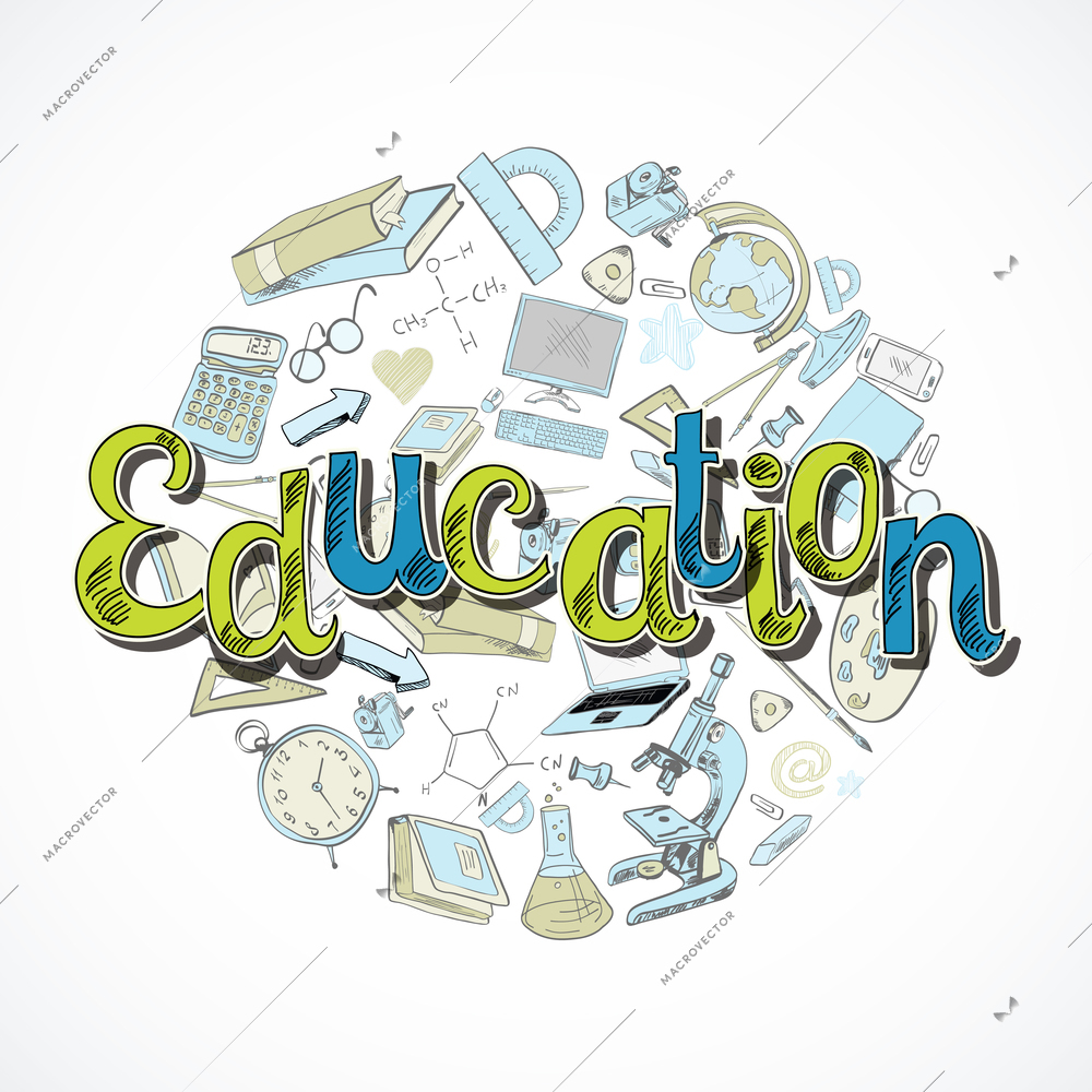 School education concept with doodle icons set of glasses chemical formula and flask vector illustration