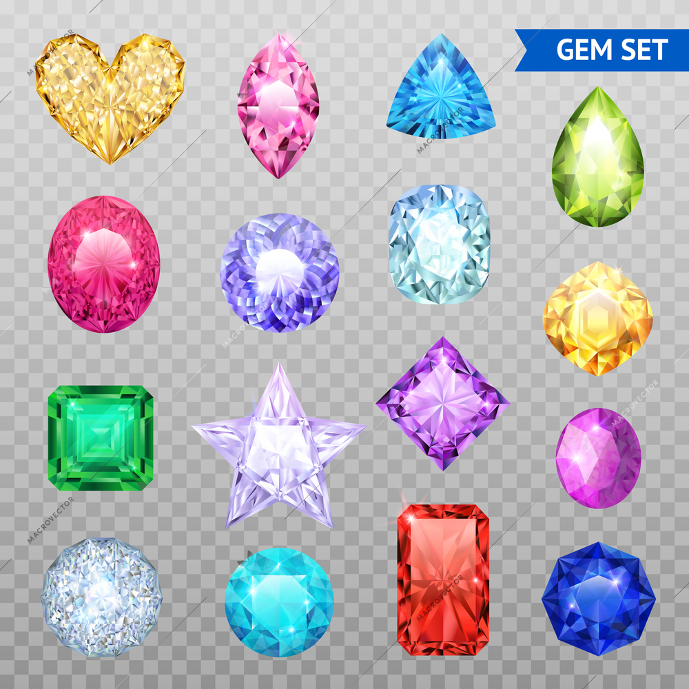 Colored realistic and isolated gemstones transparent icon set precious stones shimmer and shine vector illustration