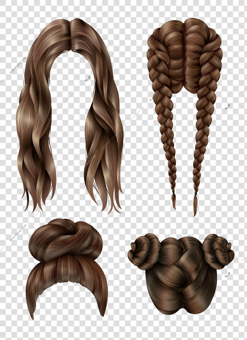 Female hairstyles set including long flowing hair, youth tufts, french braids on transparent background isolated vector illustration