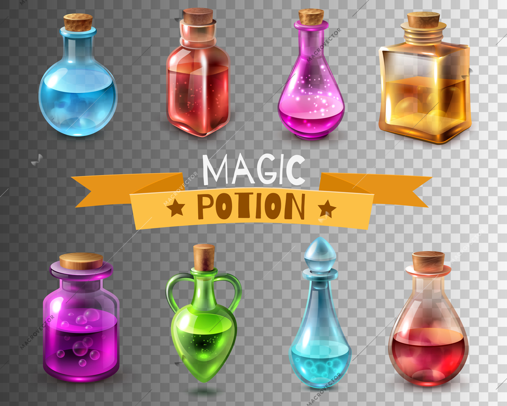 Potion bottle transparent set of isolated magic glass tube images of different colour and shape vector illustration