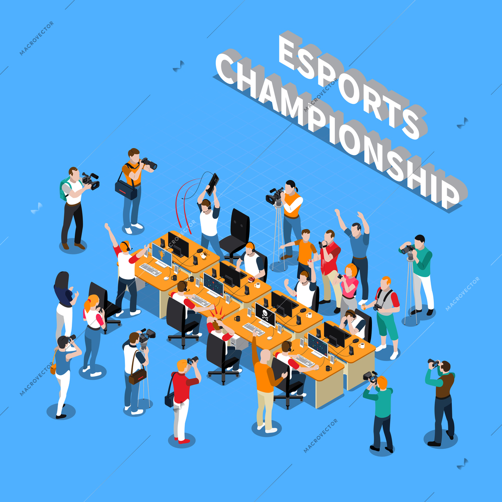 Esports championship isometric composition with players near computers reporters photographers and cameramen on blue background vector illustration