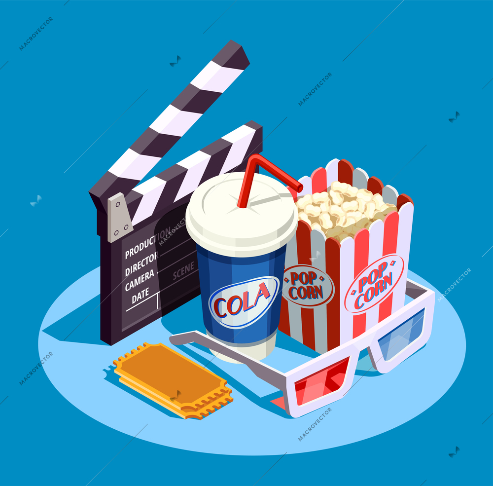Objects for watching movie at cinema and clapper isometric icon set on blue background 3d vector illustration