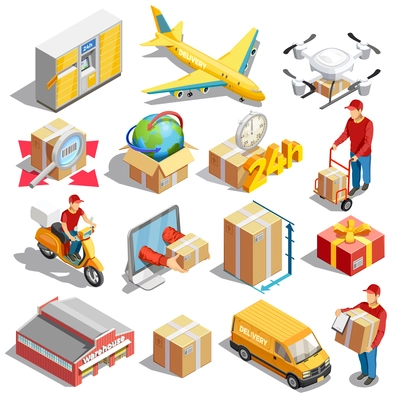 Delivery icon isometric set of sixteen isolated images with packaging concepts vehicles and automated parcel locker vector illustration