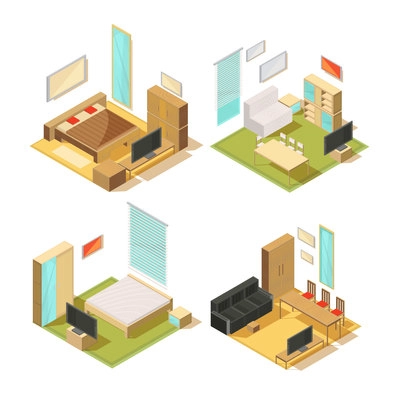 Set of isometric compositions of living room interior furniture with sofas wardrobes mirrors chairs tables and tv vector illustration