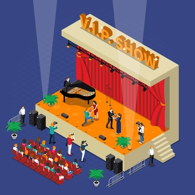 Vip show isometric design with celebrities and admirers on scene with spotlights audience and photographers vector illustration